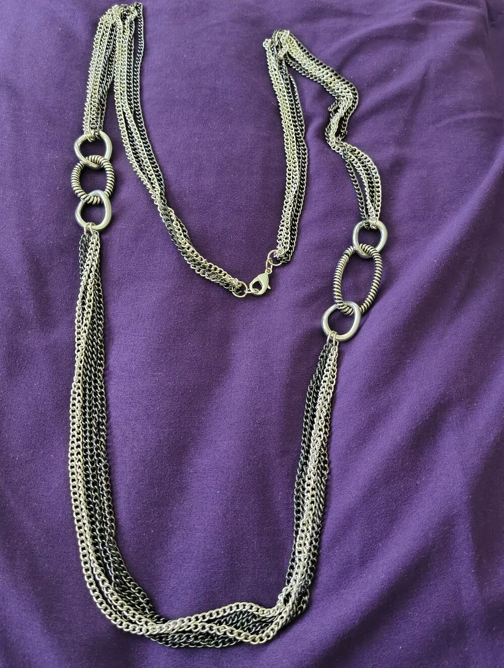Very Long Black And Silver Metal Multi Chain With Oval Metal Accents Necklace
